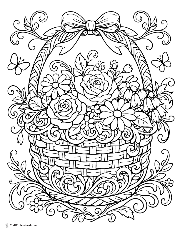 Intricate filigree Easter basket coloring page filled with flowers and vine swirls.