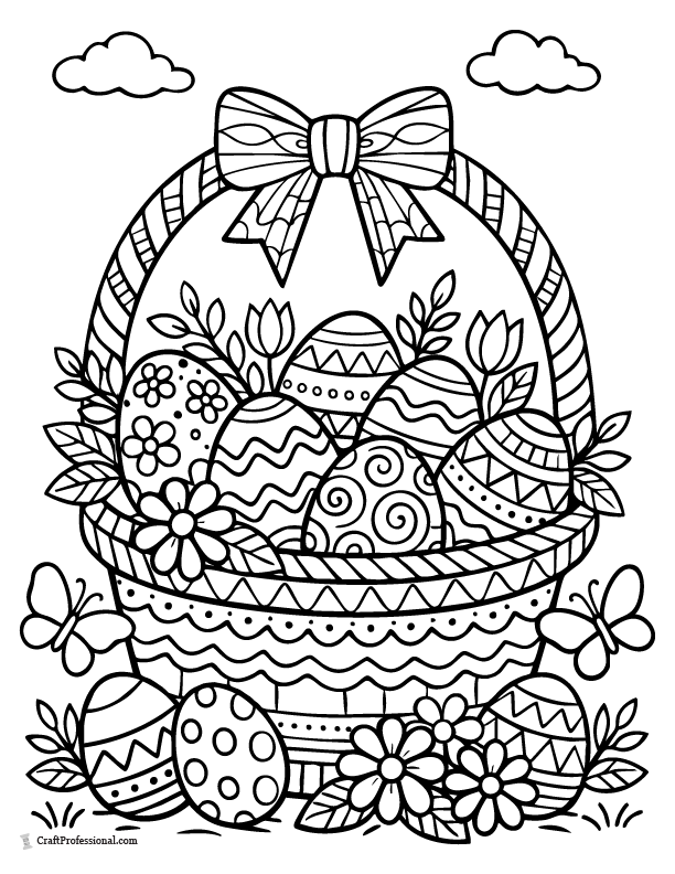 Detailed Easter basket coloring page with intricate patterns.