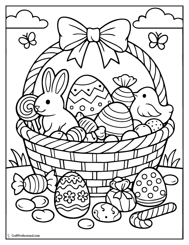 Easter basket coloring page with Easter treats, candy, and eggs.