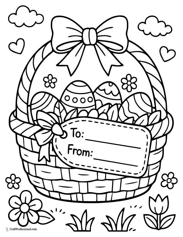 Easter basket coloring page with eggs and a To/From gift tag to write a name.