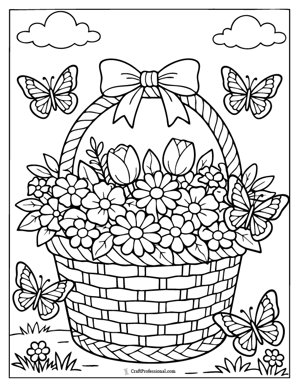 Easter basket coloring page filled with flowers and butterflies hovering above.