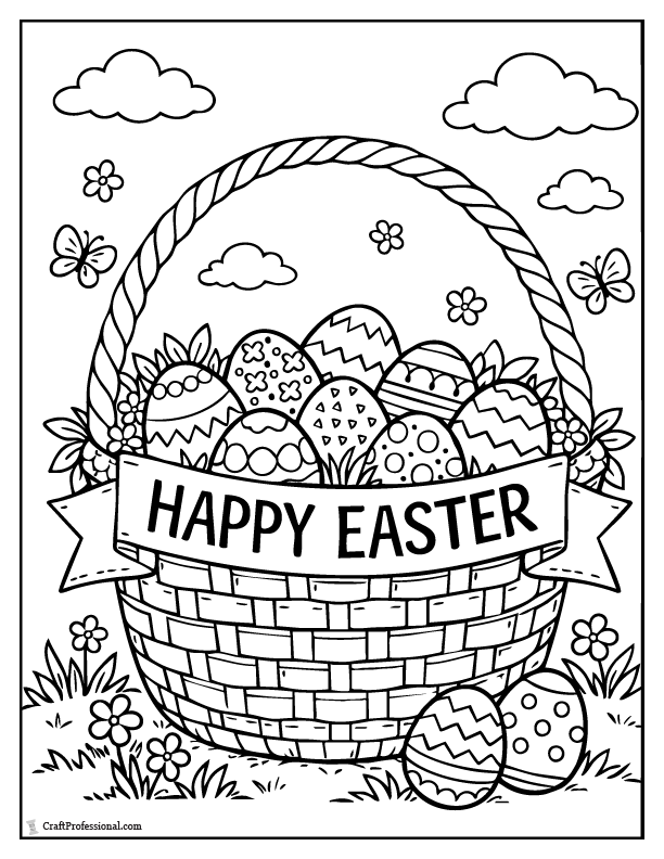 Easter basket coloring page with a Happy Easter banner and a blank space to write a name.