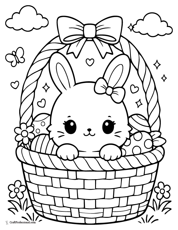Kawaii bunny Easter basket coloring page with Easter eggs in the basket.
