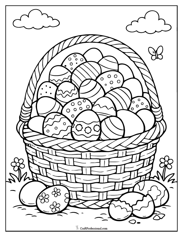 Easter basket coloring page with eggs stacked high in an overflowing basket.
