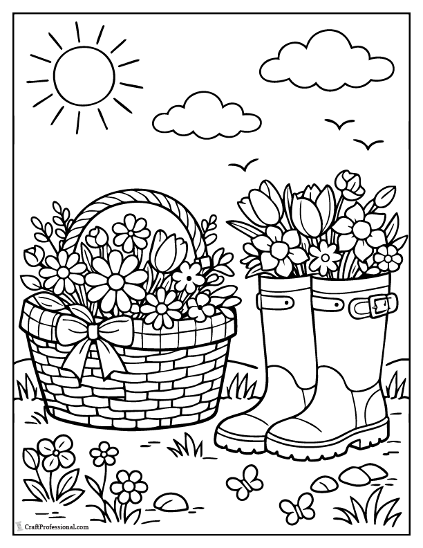Spring scene coloring page with an Easter basket, rain boots, and flowers.