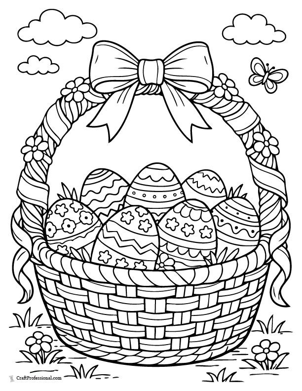 Easter basket coloring page with a ribbon-wrapped handle and Easter eggs.