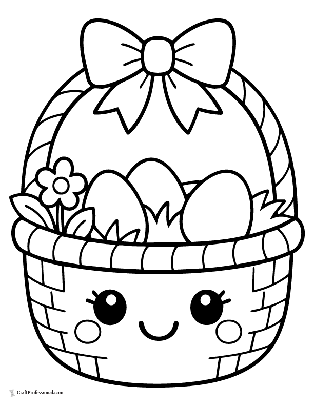 Cute smiling Easter basket coloring page with plain eggs and a bow on the handle.