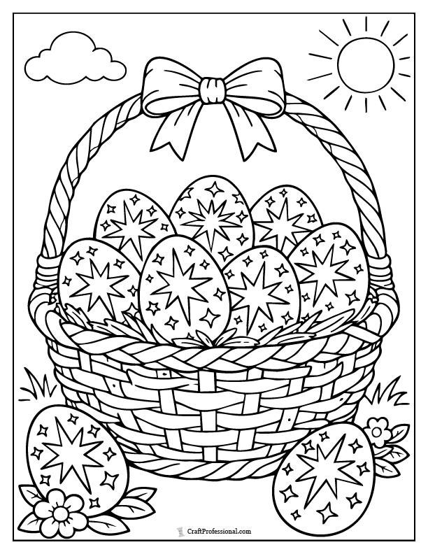 Easter basket coloring page with eggs decorated in starburst patterns.