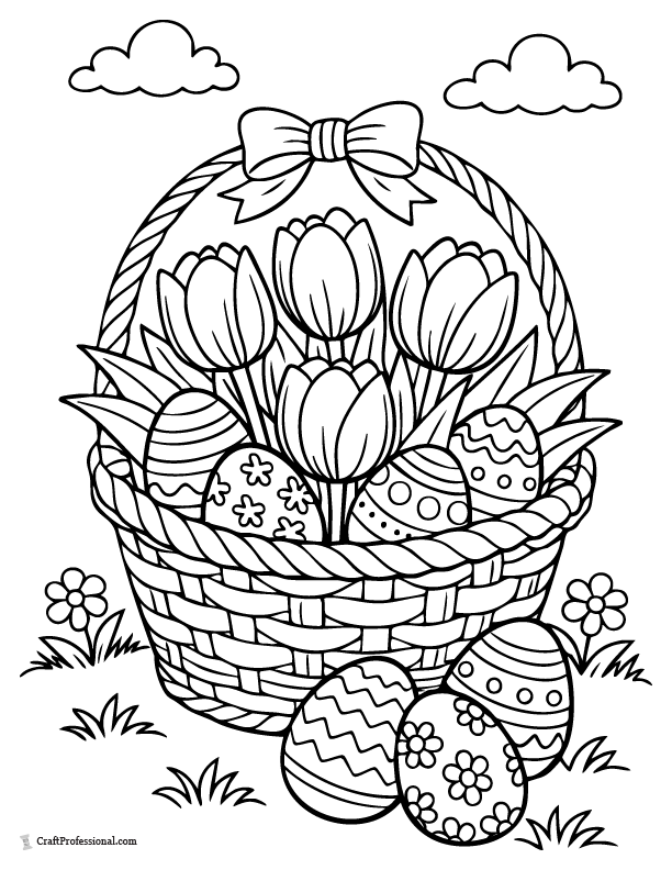 Easter basket coloring page with large tulips and Easter eggs.