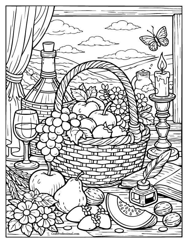 Vintage still life coloring page with an Easter basket on a table, fruit, and food.