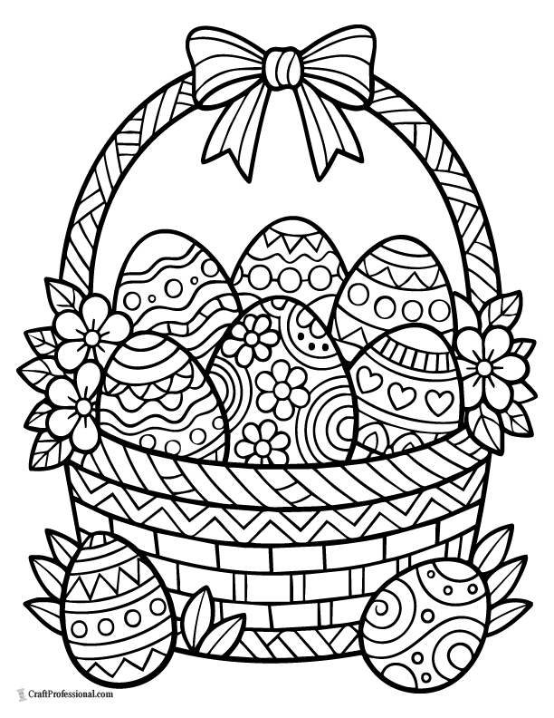 Easter basket coloring page with a zentangle-style pattern.