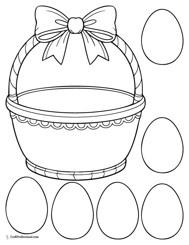 Easter basket template coloring page with a bow and eggs to color and cut out.