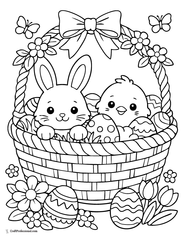 Cute Easter basket with bunny and chick coloring page.