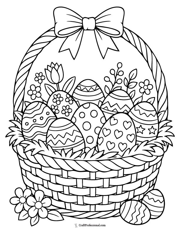 Easter basket full of decorated eggs coloring page printable.