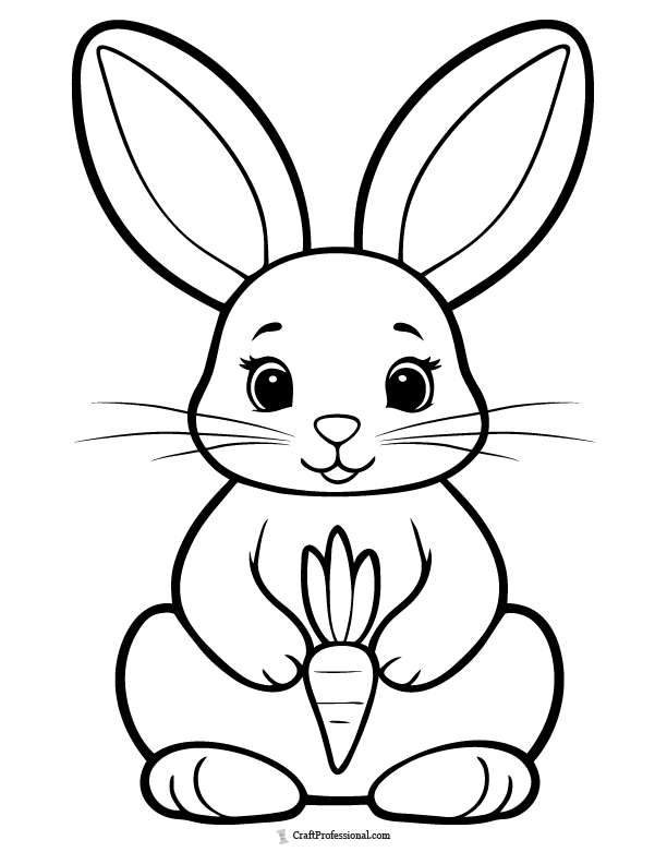 Cute bunny holding a carrot, coloring page.