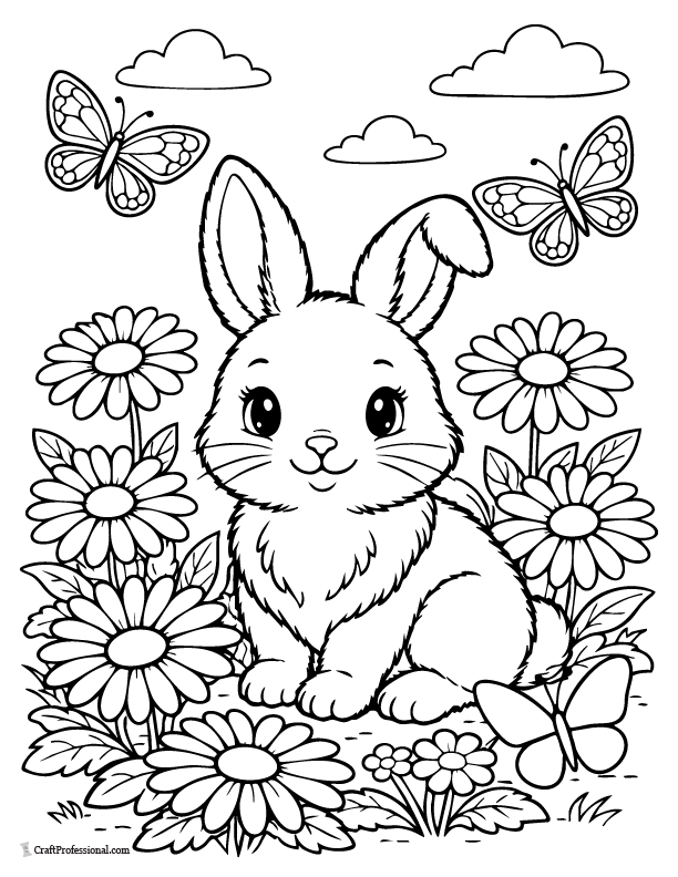 Easter bunny coloring page with a bunny surrounded by spring daisies and butterflies.