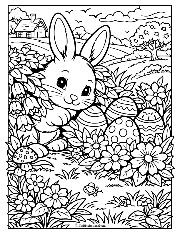Easter bunny coloring page of a bunny hiding eggs in a spring meadow behind flowers and shrubs.