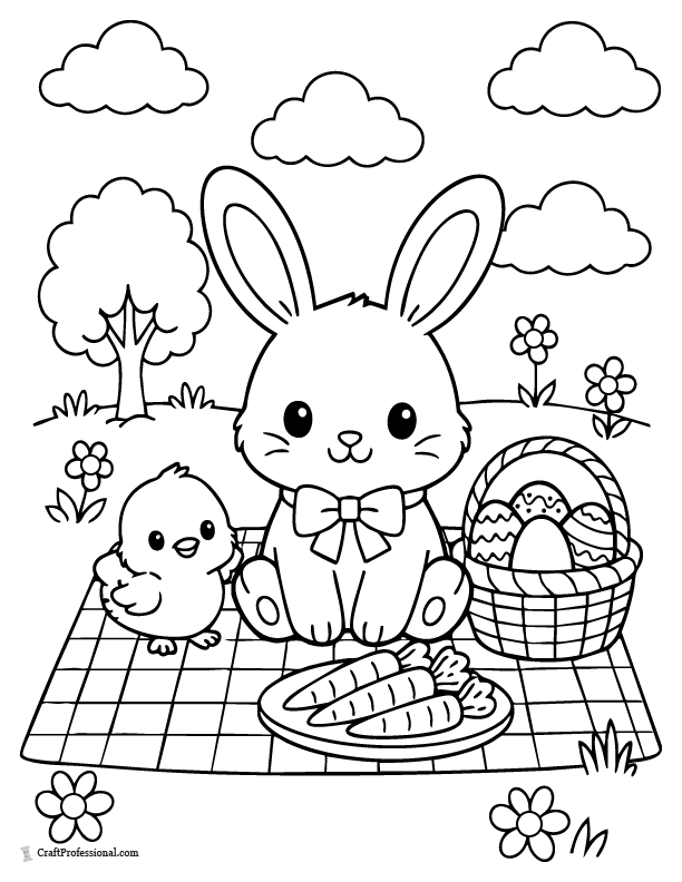 Cute Easter bunny and chick picnic scene coloring page printable.