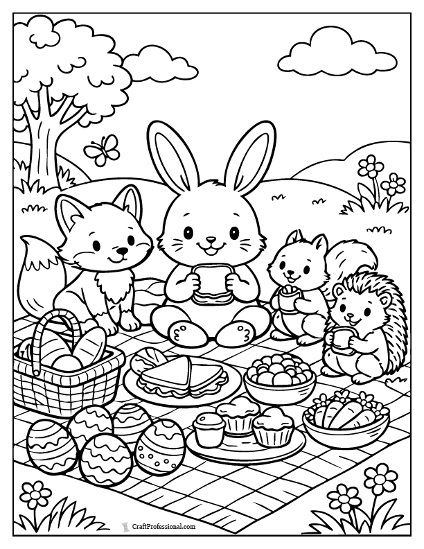 Easter bunny coloring page of a bunny having a picnic with a fox, squirrel, and hedgehog, with eggs and spring foods.