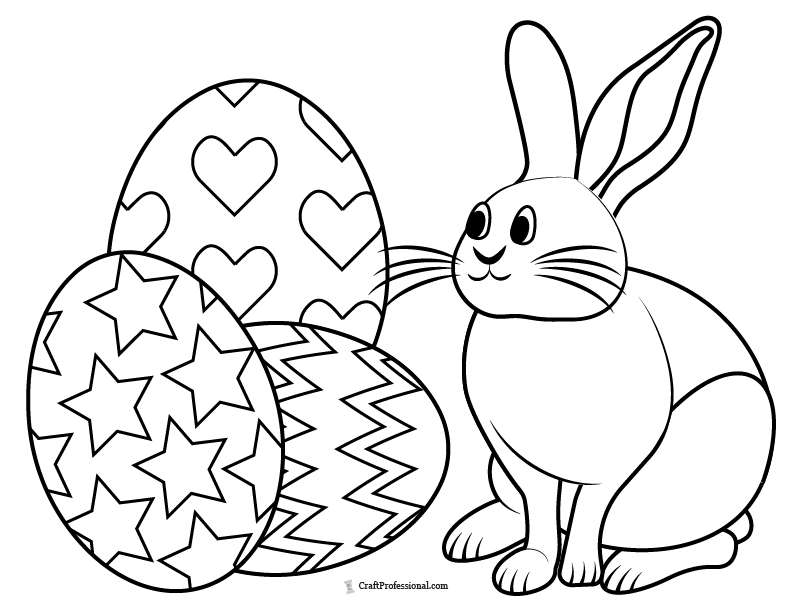 Easter bunny with three decorated eggs to color