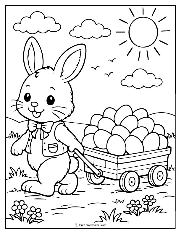 Easter bunny coloring page of a bunny pulling a wagon overflowing with Easter eggs.