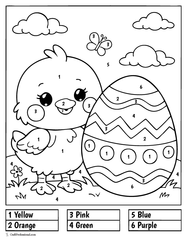 Easy color-by-number Easter chick coloring page with simple numbered sections for kids.