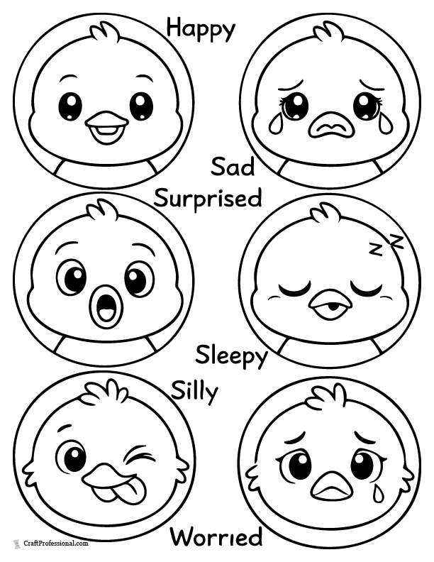 Easter chick emotions coloring page with 6 chick faces showing different feelings.