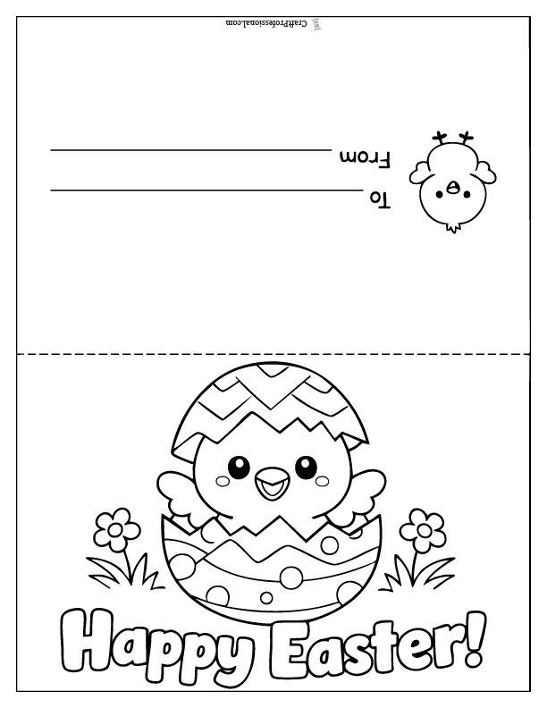 Foldable Easter chick coloring card with chick hatching from an egg and "Happy Easter!" text.