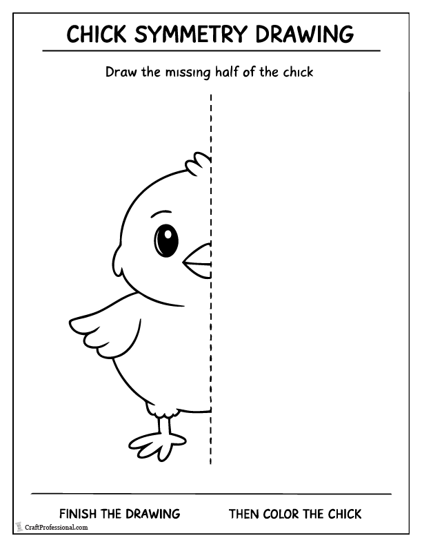 Easter chick symmetry drawing worksheet with half a chick for kids to complete and color.