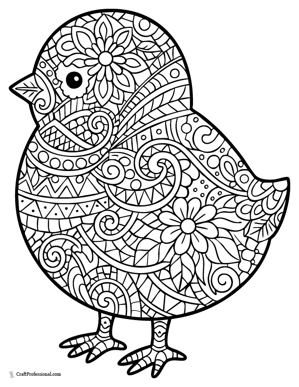 Detailed Easter chick coloring page with zentangle-style patterns for older kids and adults.