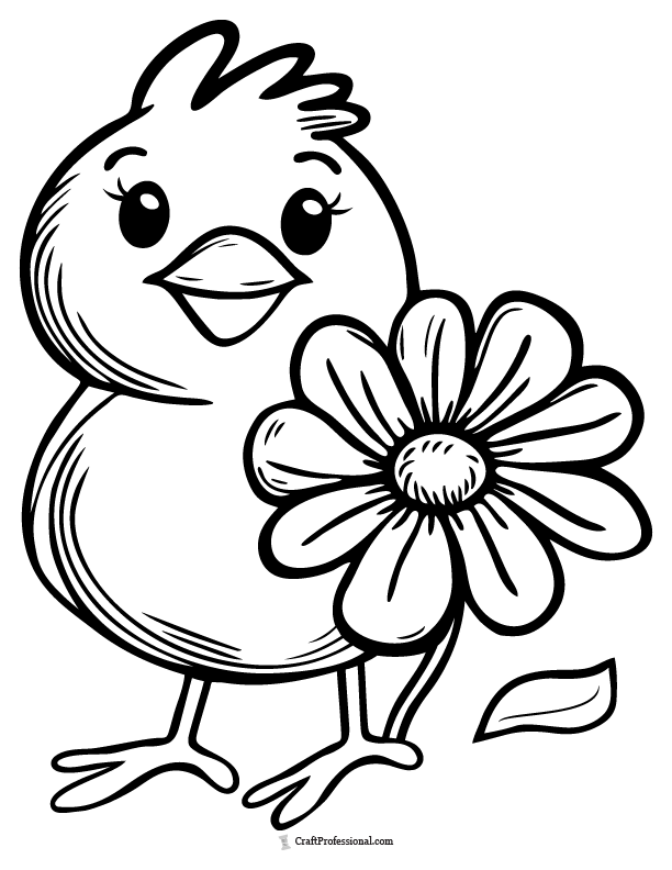 cute chick with sunflower, easy coloring sheet