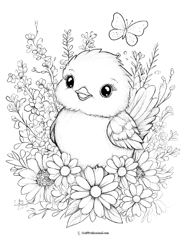 Chick standing in flower meadow with butterfly, detailed coloring page
