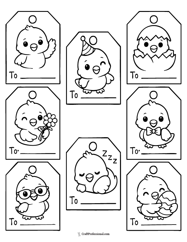 Printable Easter chick gift tags coloring page with 8 cute chick tag designs to color and cut out.