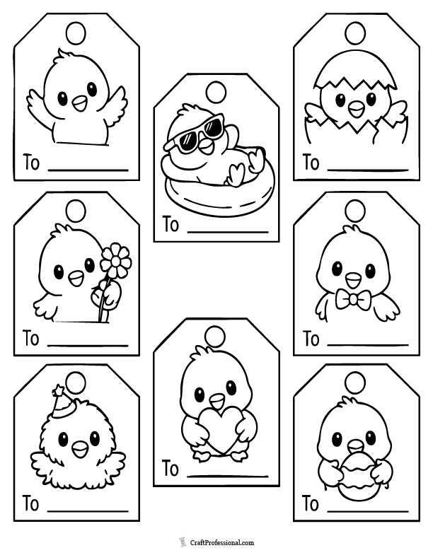 Printable Easter chick gift tags coloring page with 8 different cute chick tag designs to color and cut out.
