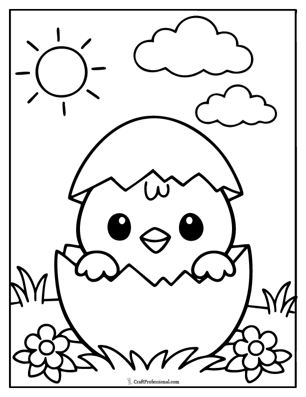 Simple Easter chick coloring page of a baby chick hatching from a cracked egg with spring flowers and sun.