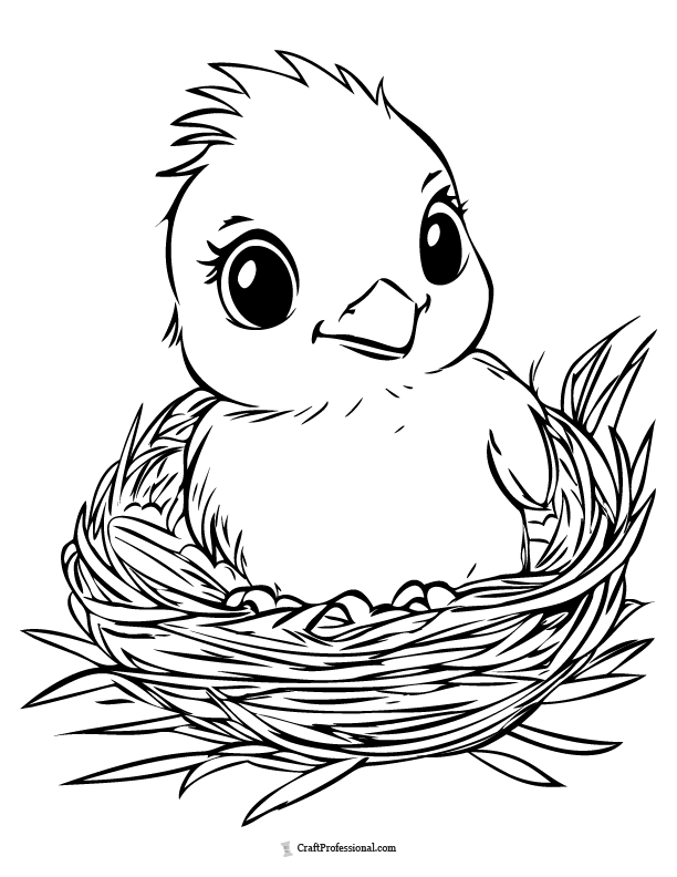 Baby chick sitting in a nest coloring page