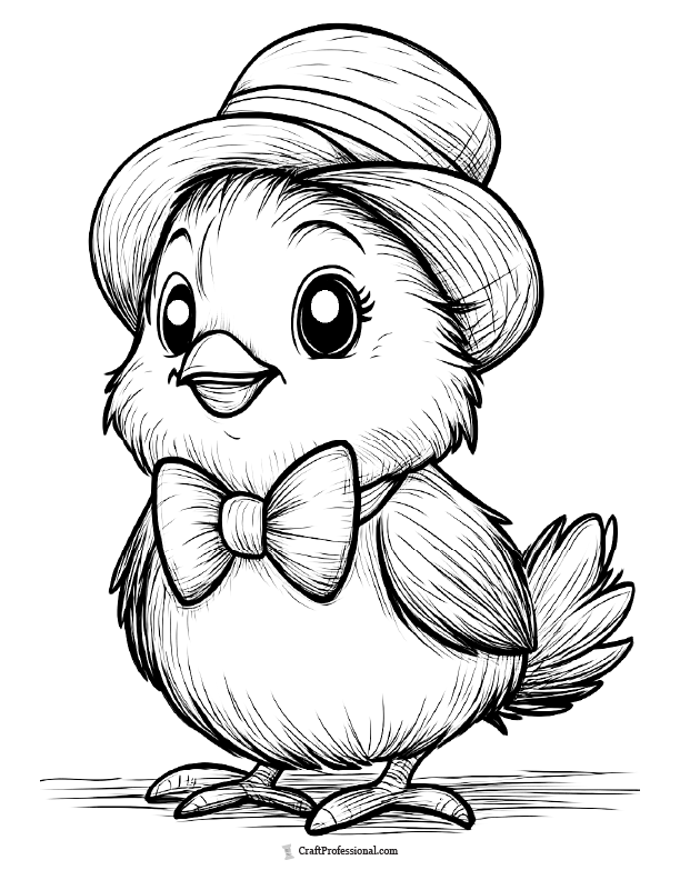 Stylish chick wearing a hat and bow tie coloring page
