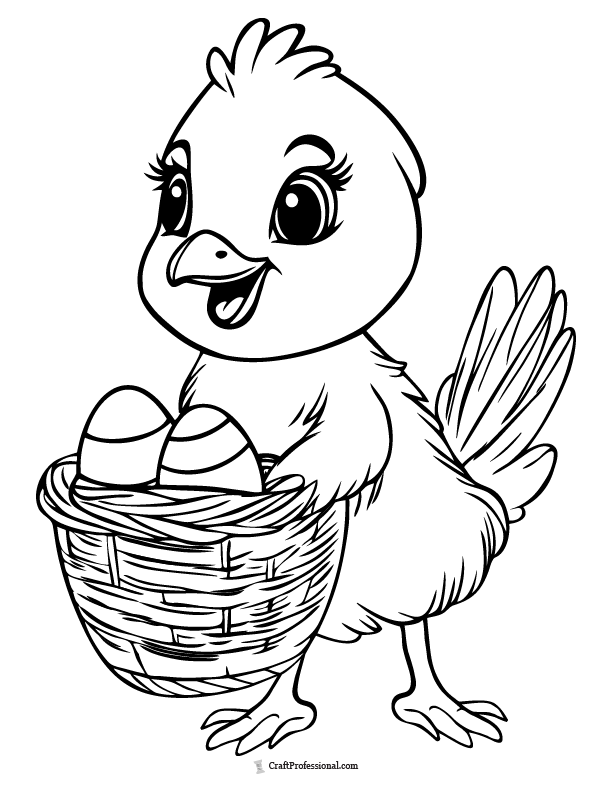 Baby chicken with basket of Easter eggs coloring page