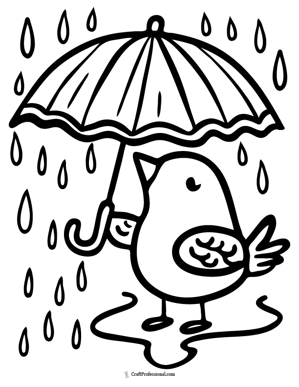 Chick holding an umbrella in the rain, coloring page