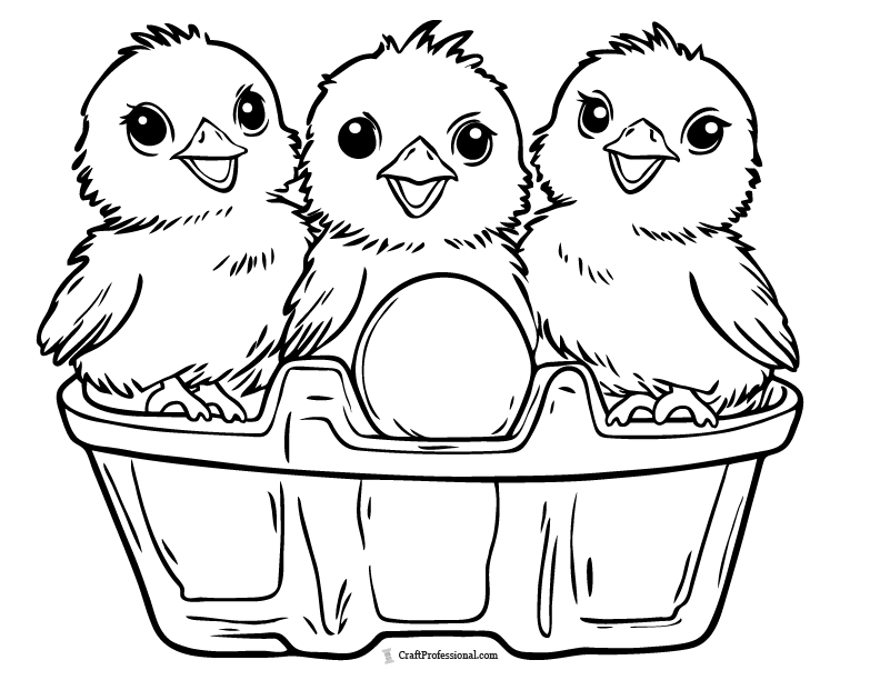 Three chicks sitting in an egg carton coloring page