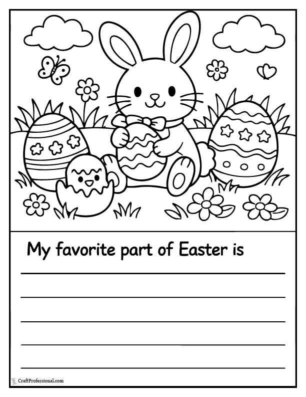 Easter coloring page with writing prompt My favorite part of Easter is plus a simple bunny and egg scene.