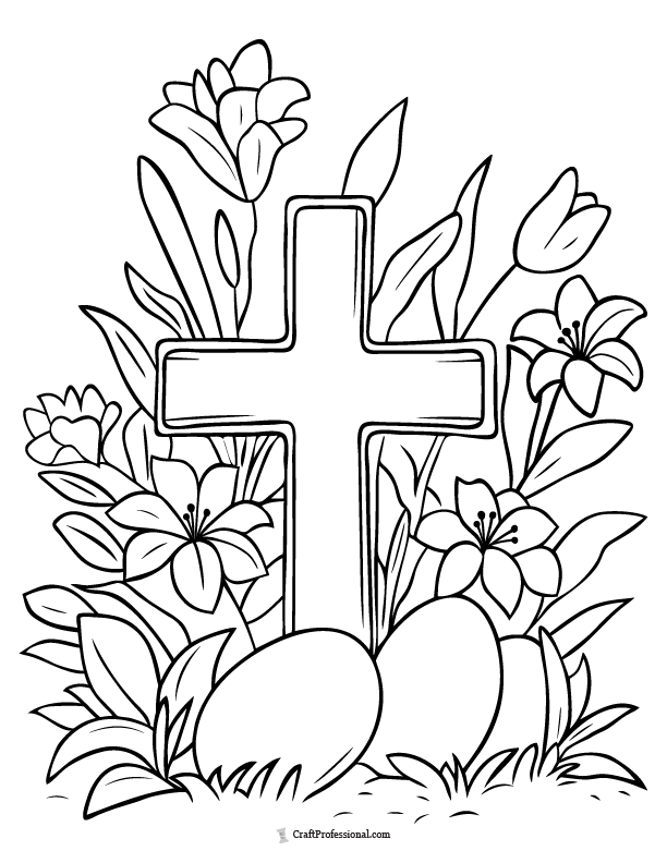 Cross with lilies and Easter eggs religious coloring page