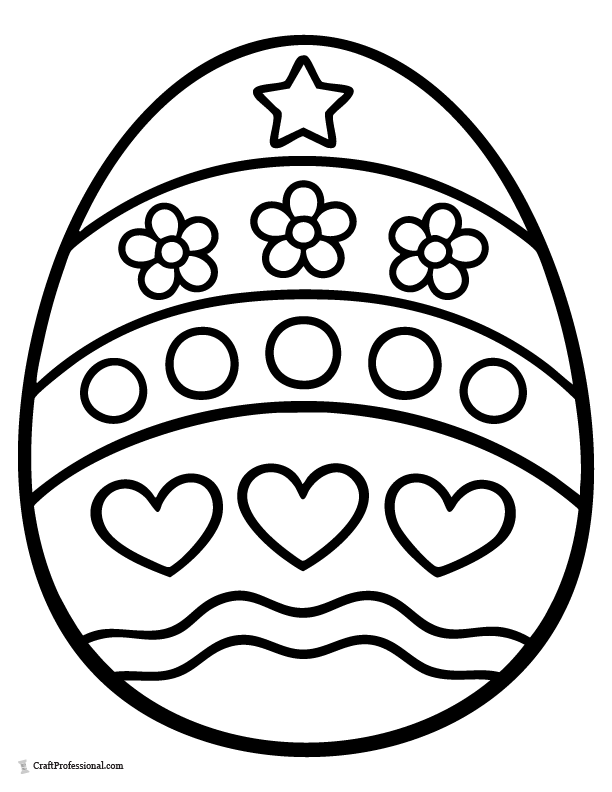 Easter egg coloring page with wide arched bands, flowers, hearts, circles, and stars.