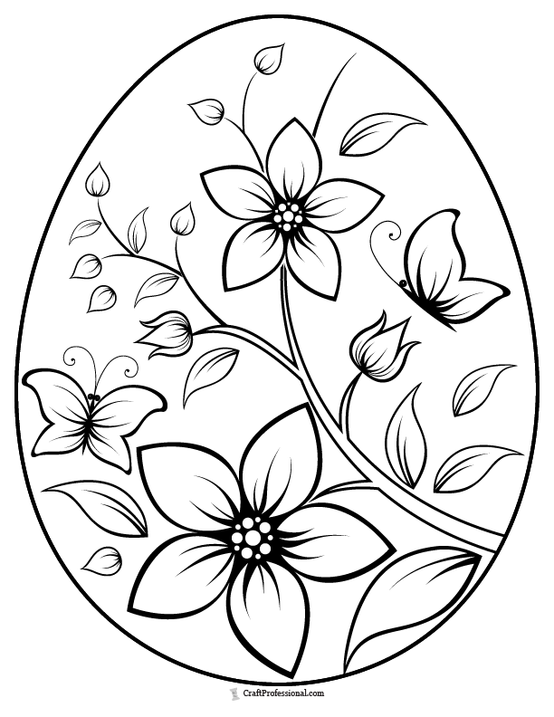 Easter egg with with a design of butterflies fluttering around spring flowers, coloring page.