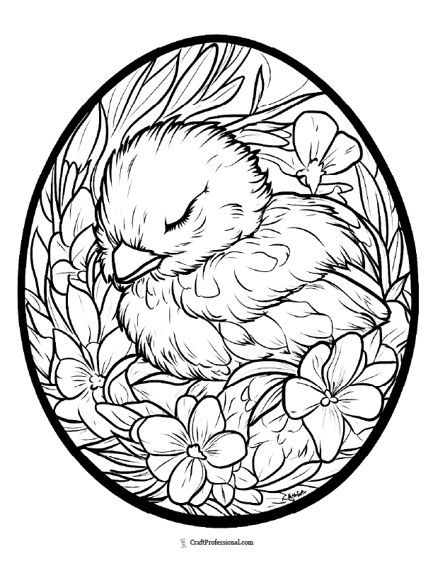 Easter egg with detailed chick and floral design coloring page