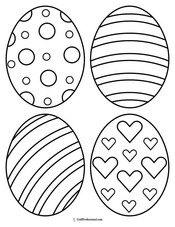 Colouring page with four Easter eggs decorated with hearts, circles, and curved lines