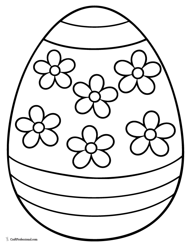 Easter egg coloring page with horizontal bands and large five-petal flowers.