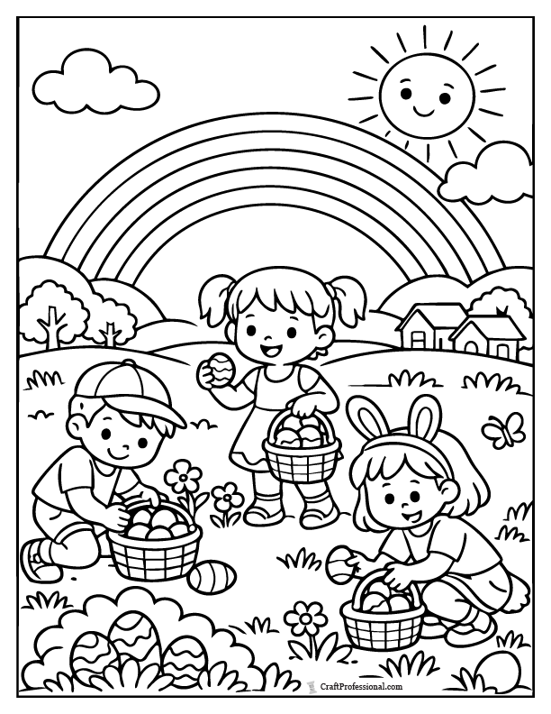 Children searching for Easter eggs under a pastel rainbow in a spring coloring page.