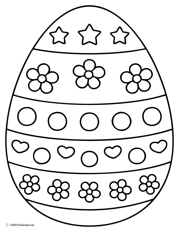 Easter egg coloring page with wide horizontal bands, flowers, hearts, circles, and stars.