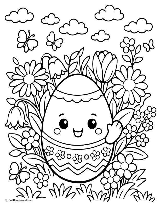Easter egg surrounded by spring flowers coloring page printable.